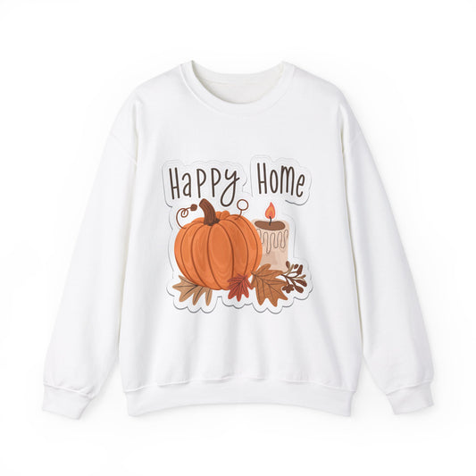 “Happy Home” Fall Spirit Unisex Long Sleeve Tee – Cozy Pumpkin & Candle Design