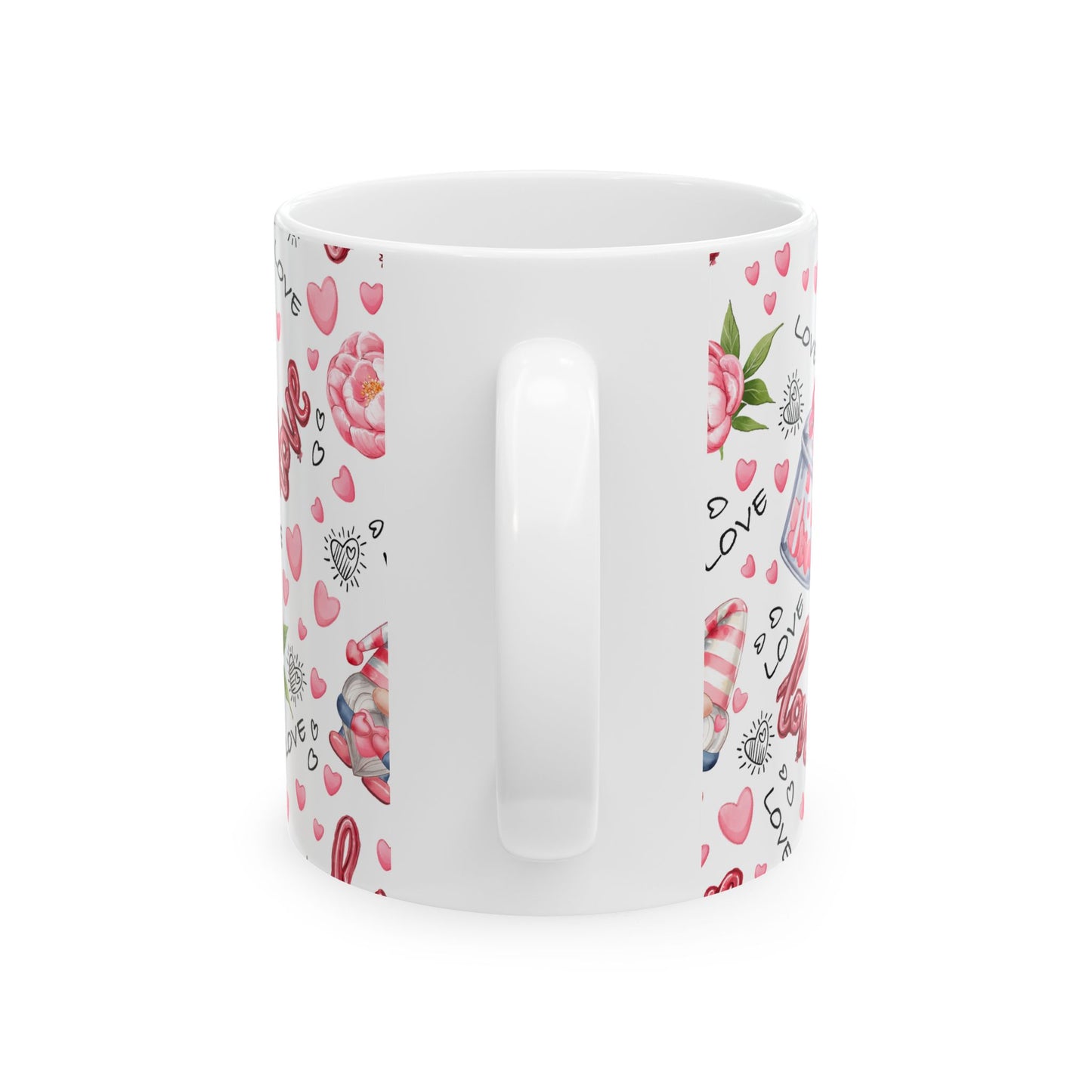 Valentine’s Day 11oz Ceramic Coffee Mug – Gnomes, Hearts & Floral Charm