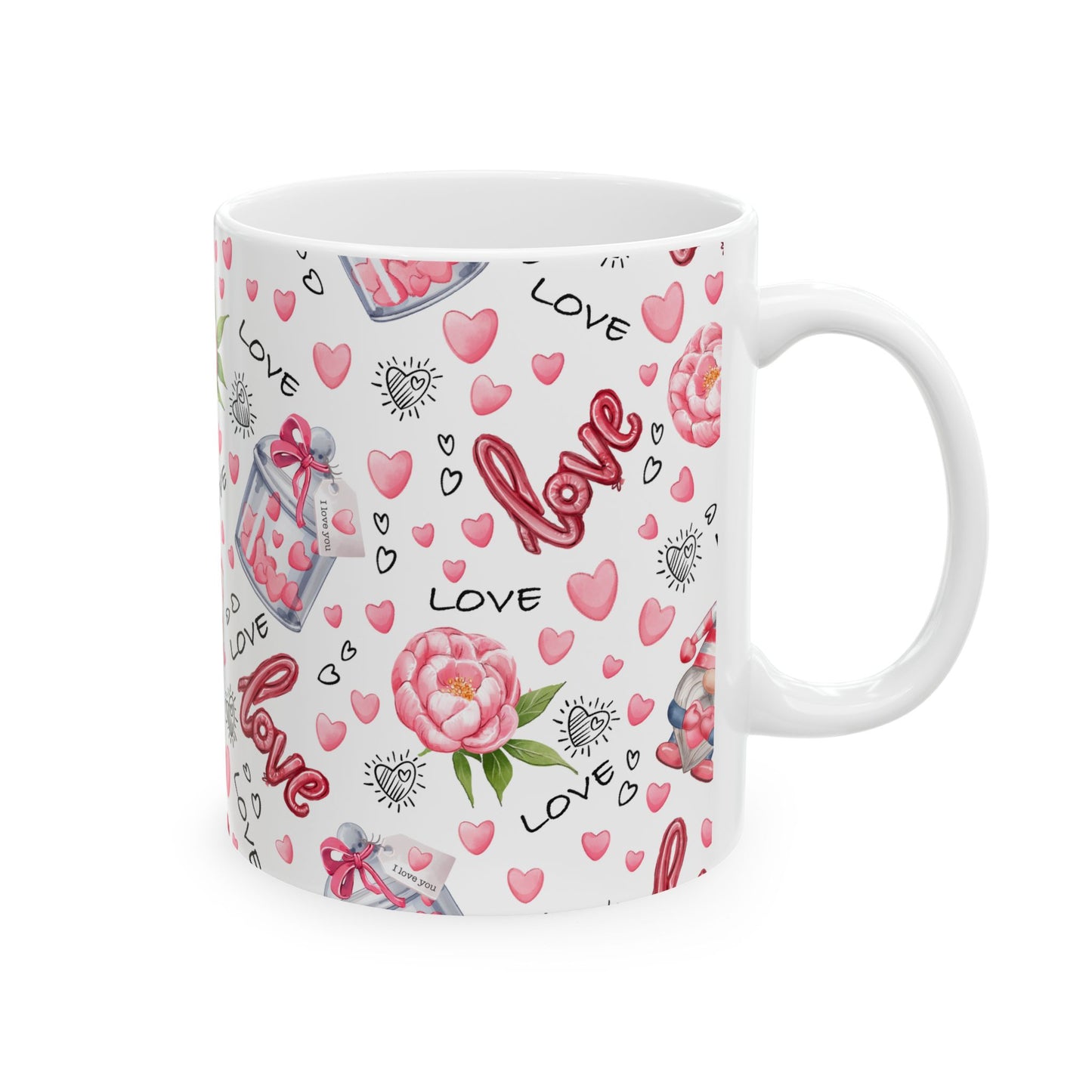 Valentine’s Day 11oz Ceramic Coffee Mug – Gnomes, Hearts & Floral Charm