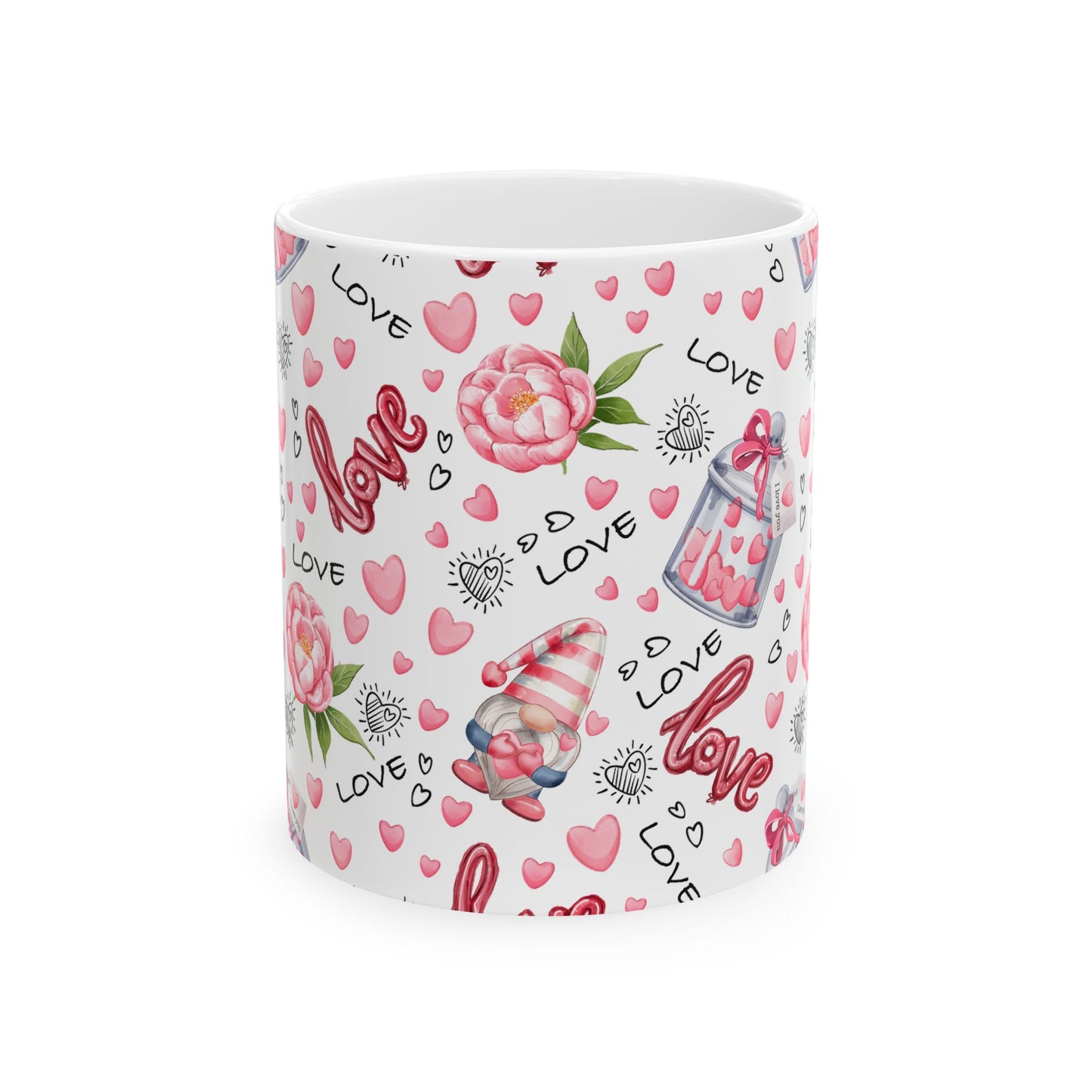 Valentine’s Day 11oz Ceramic Coffee Mug – Gnomes, Hearts & Floral Charm