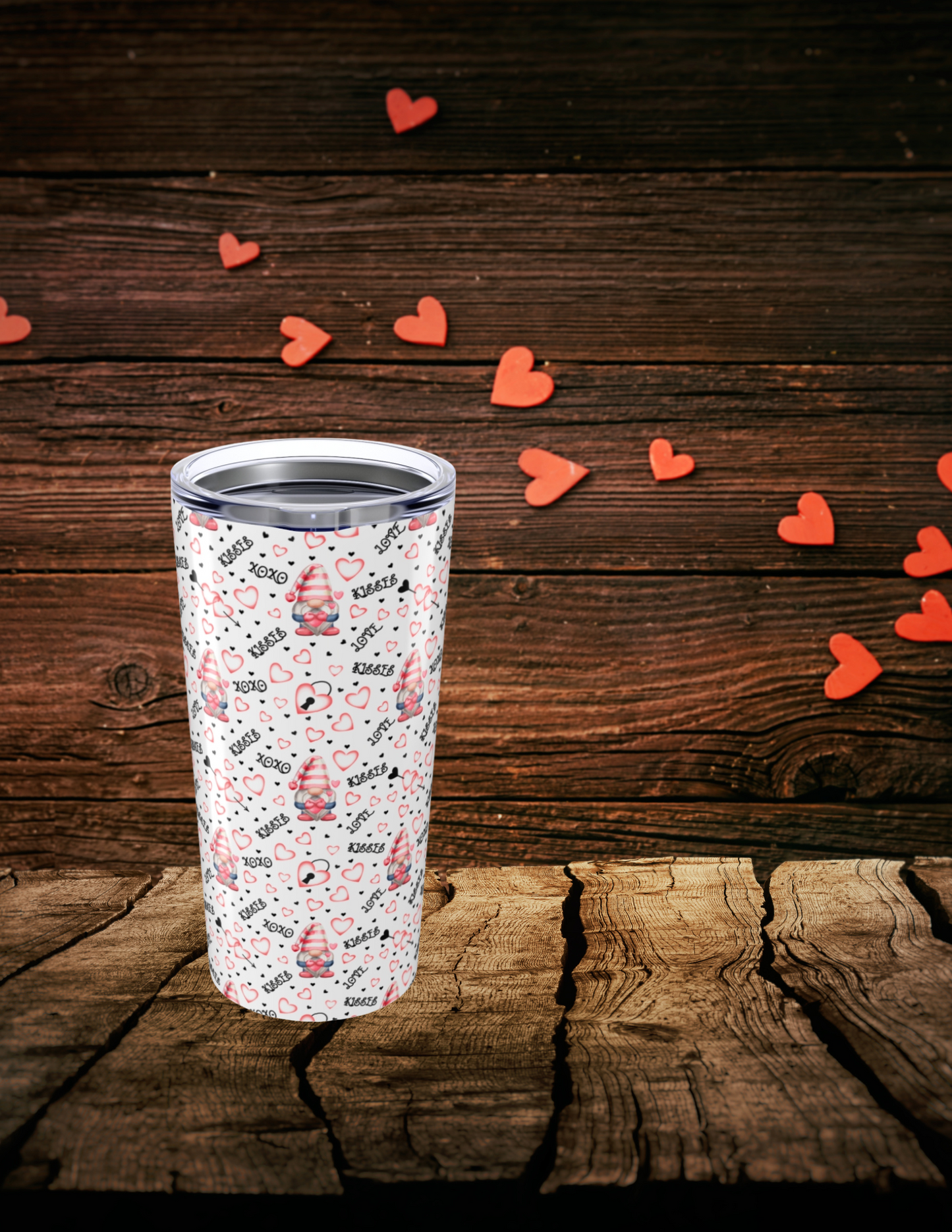 Valentine’s Day Gnome Love 20oz Tumbler – Hearts, Hugs & Kisses Design