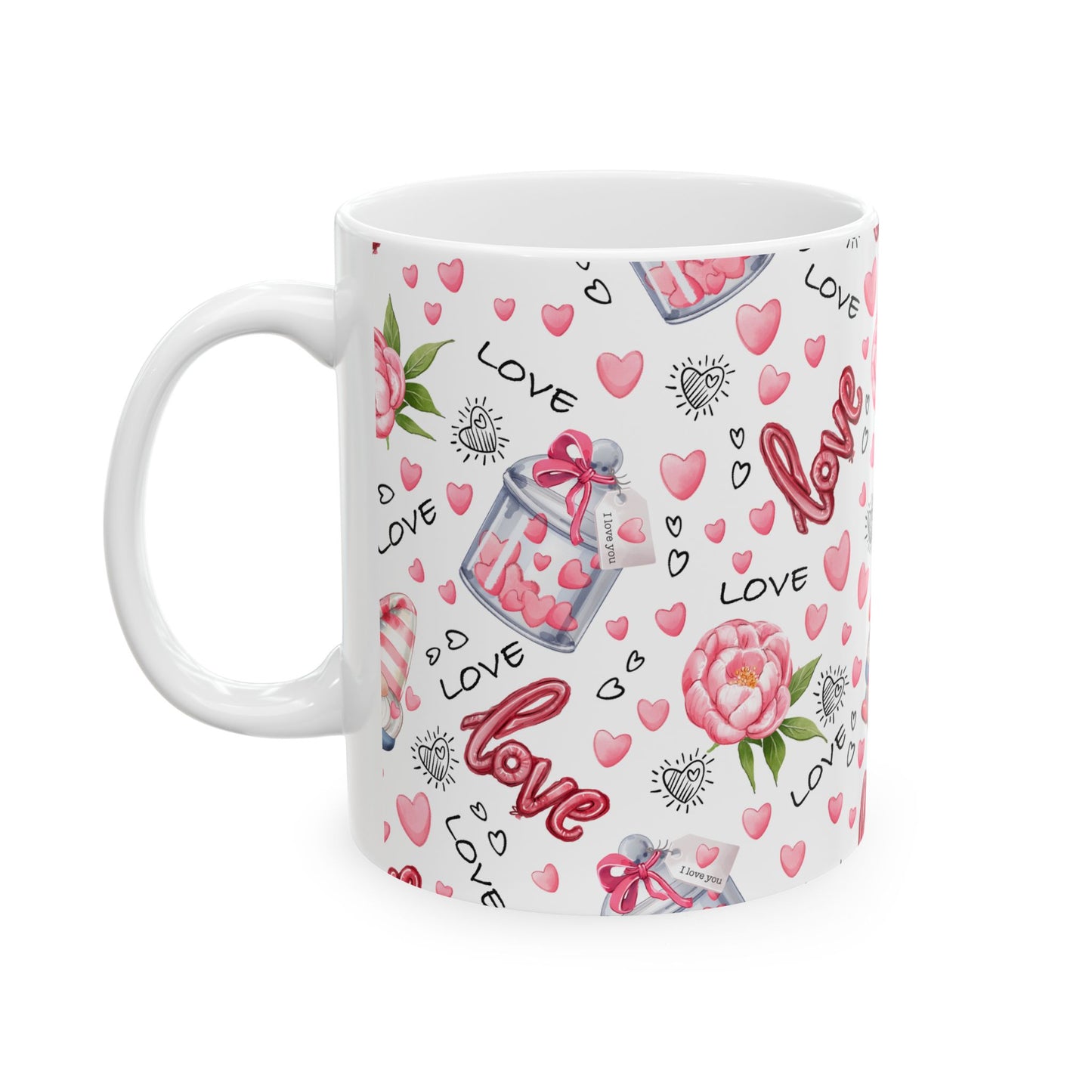 Valentine’s Day 11oz Ceramic Coffee Mug – Gnomes, Hearts & Floral Charm